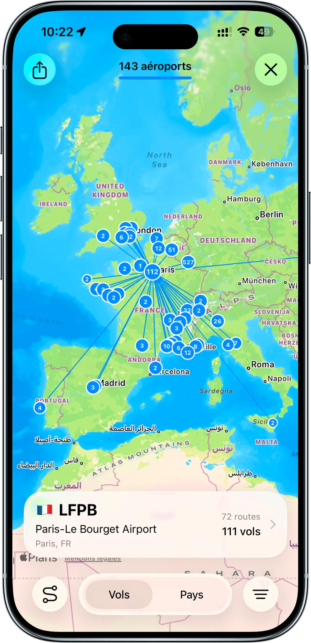 Skyden Flugkarte mit aufgezeichneten Strecken in Europa