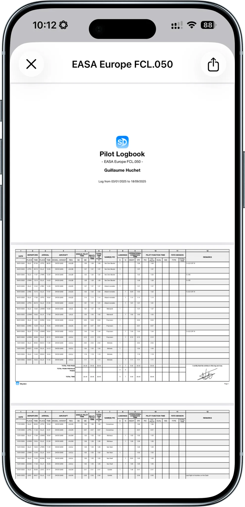Vorschau des EASA-konformen Skyden PDF-Logbuch-Exports